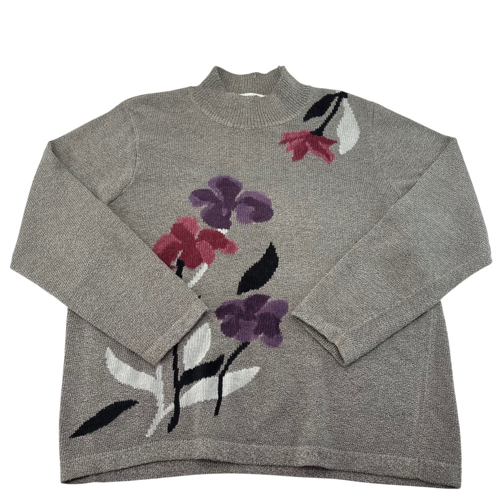 Alfred Dunner Womens Large Grey Floral Mock Neck Pullover Sweater Vintage Style